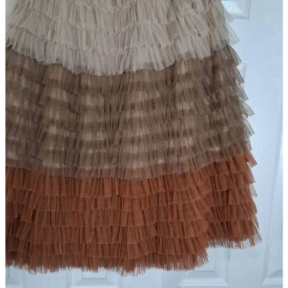 Aura womens medium maxi tulle long skirt tiered rust copper brown size 26 waist